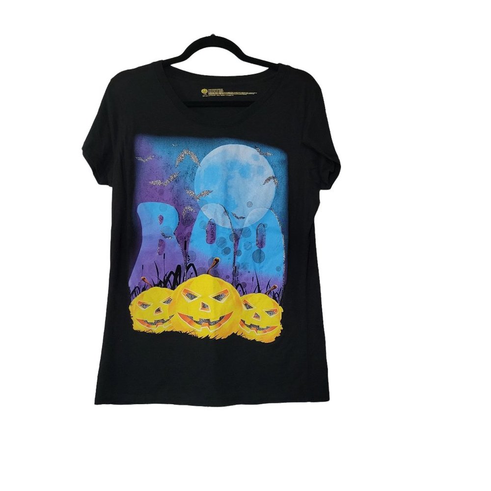 Black short sleeve t-shirt boo halloween pumpkins graphic tee Women's large 1152